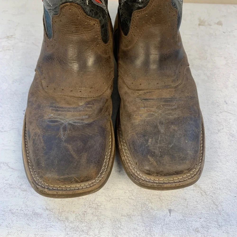 Old West Boys 5.5D Cowboy Boots Brown Leather Black Red Flame Embroidery BSY1868